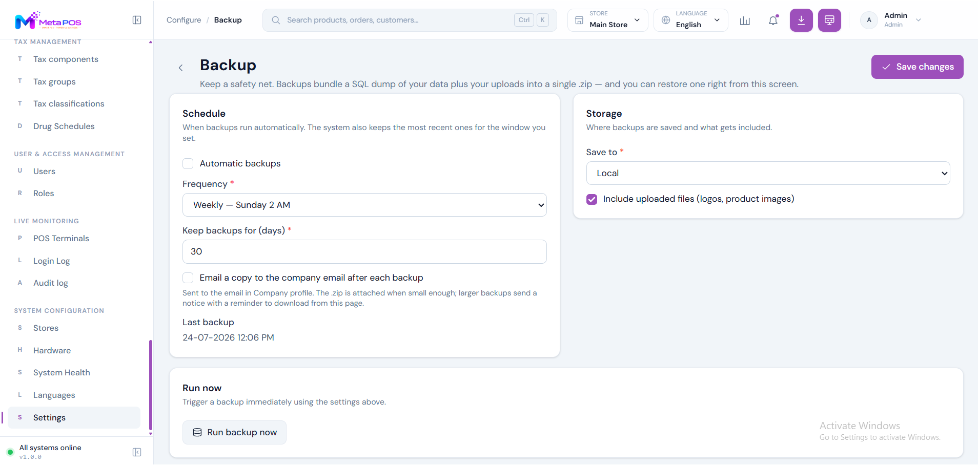 The backups page listing past backups with date, size, status and download buttons