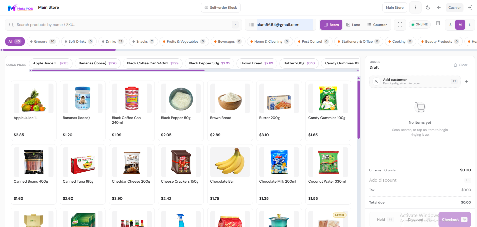 The POS checkout screen with product tiles and a cart