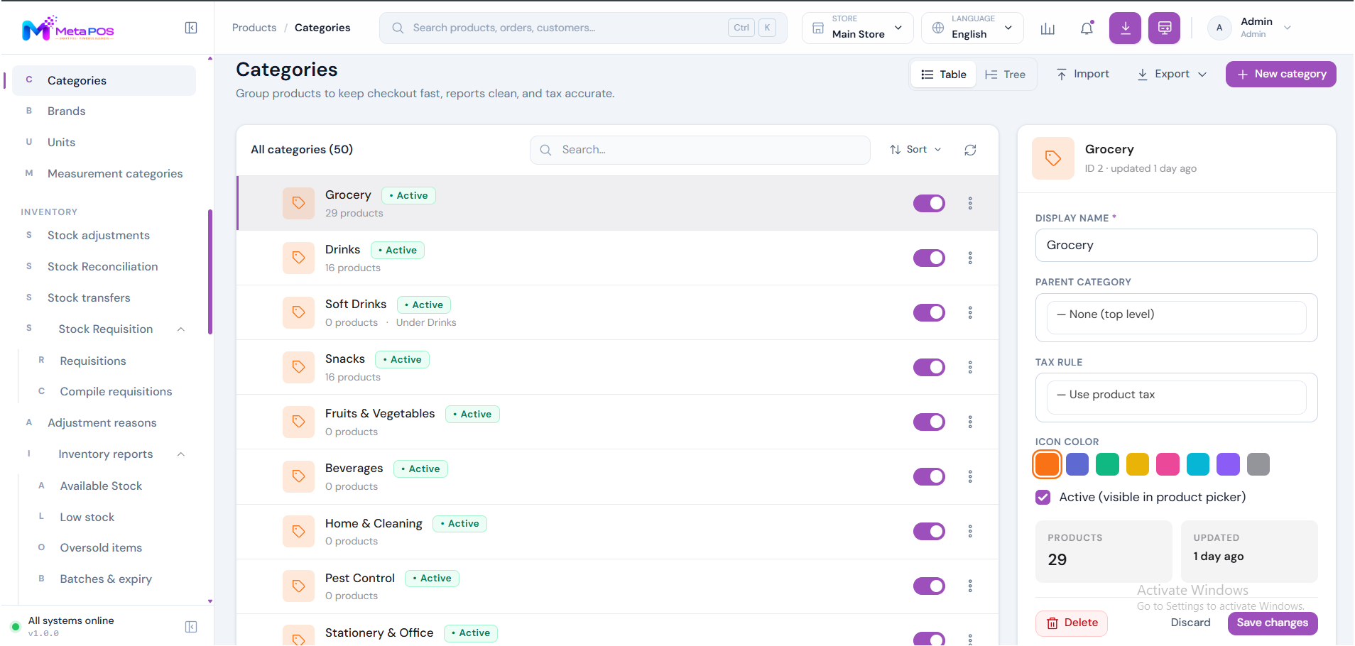 The categories screen showing a tree of categories you can reorder