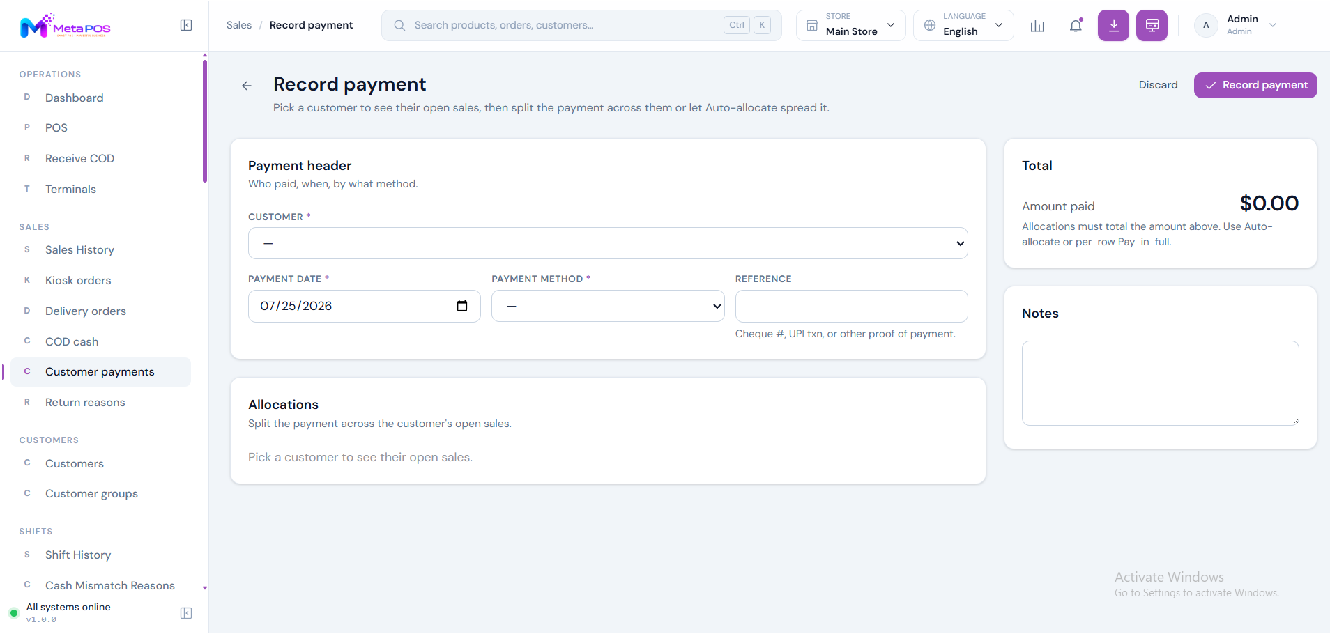 The record-payment screen showing the customer, amount, payment method and the unpaid sales it will settle