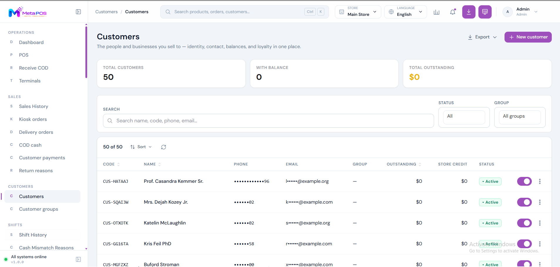 The Customers list showing names, phone numbers, groups, outstanding balances and status