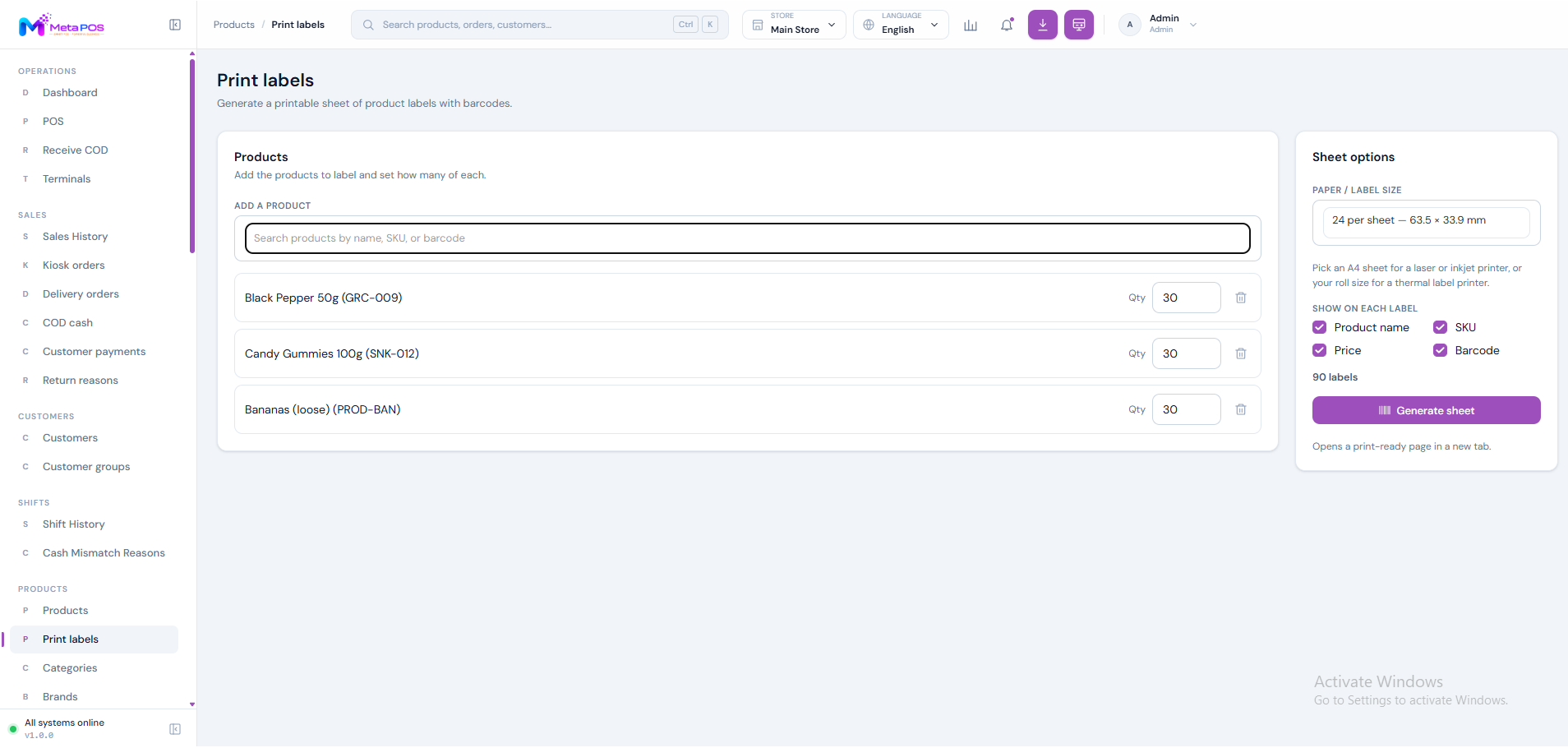 The label printing wizard with selected products, a layout chooser and a print preview