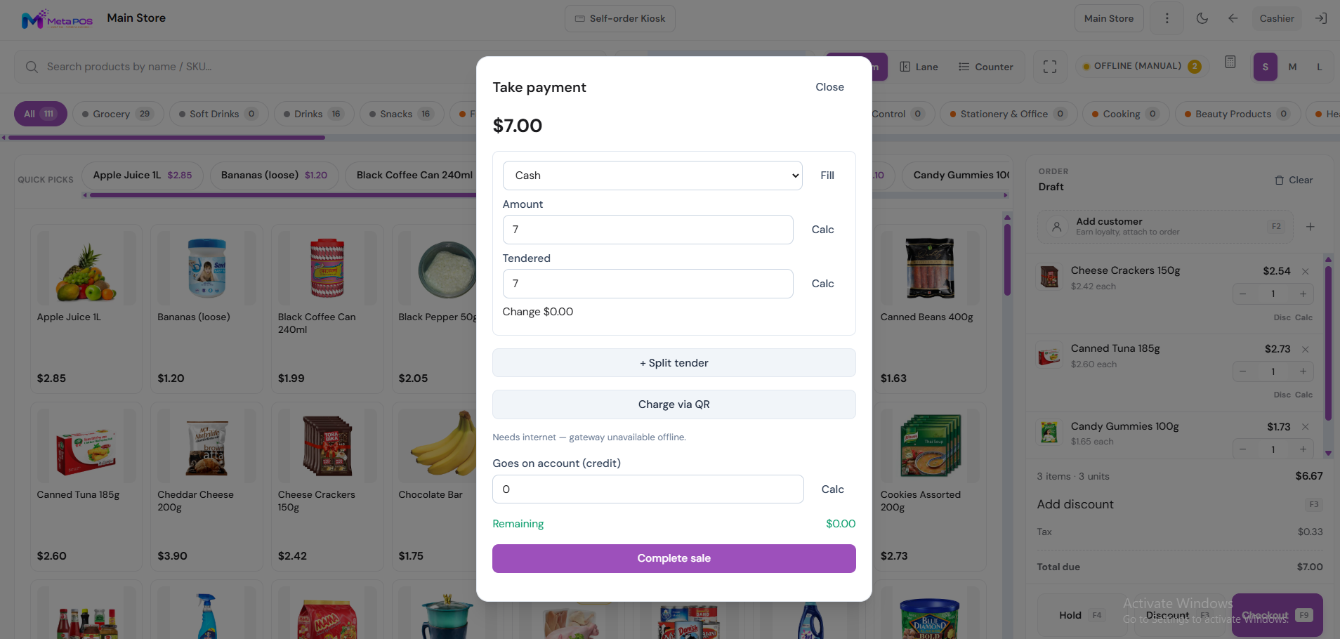 Cash payment window showing amount due, tendered amount, and change due
