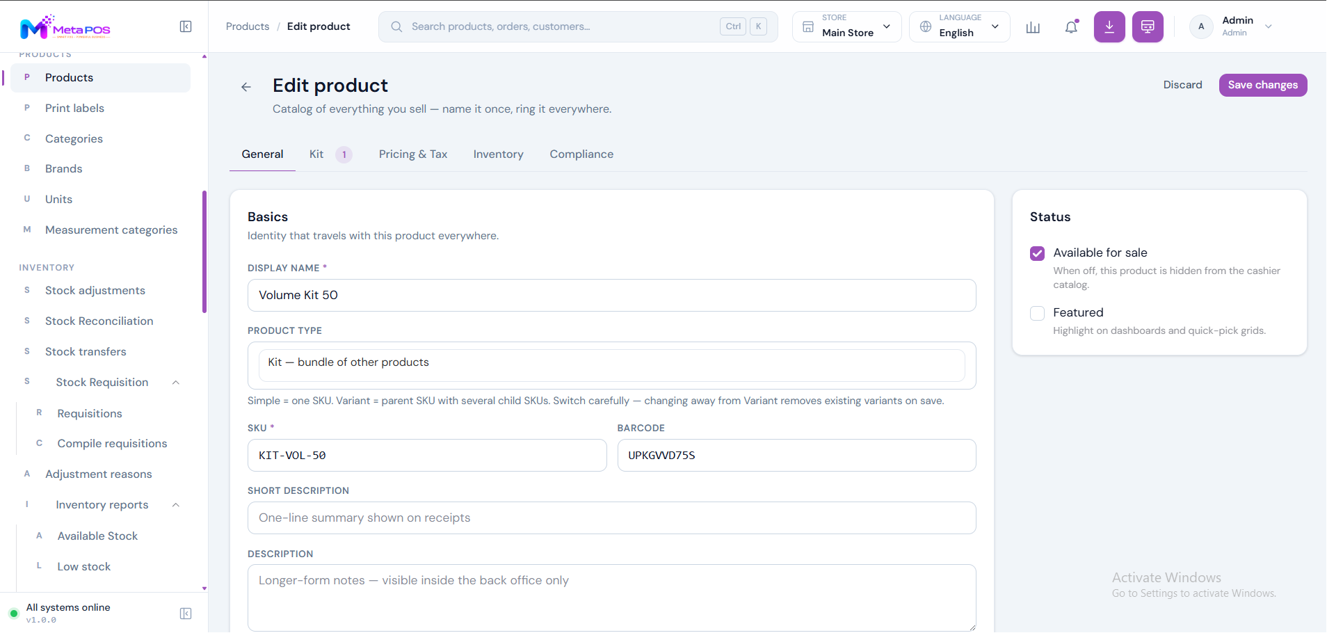 The product edit form with name, code, price, category and tax fields