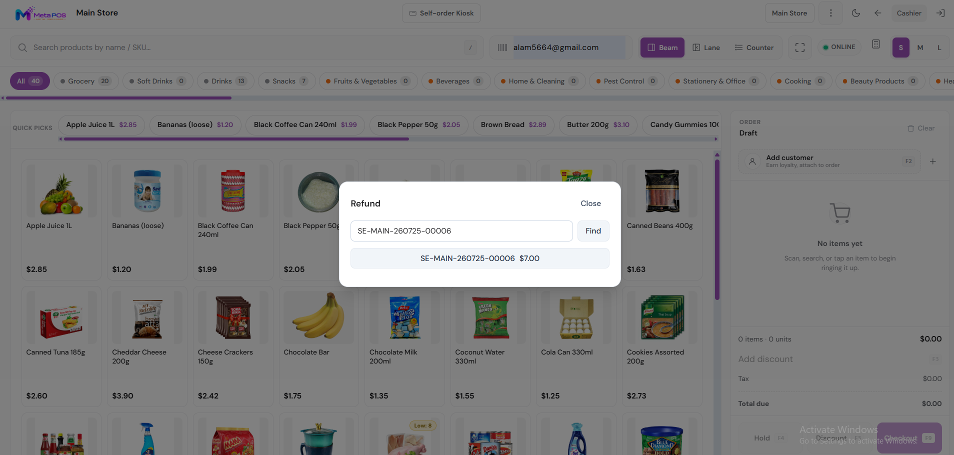 The receipt lookup window for finding the original sale to refund