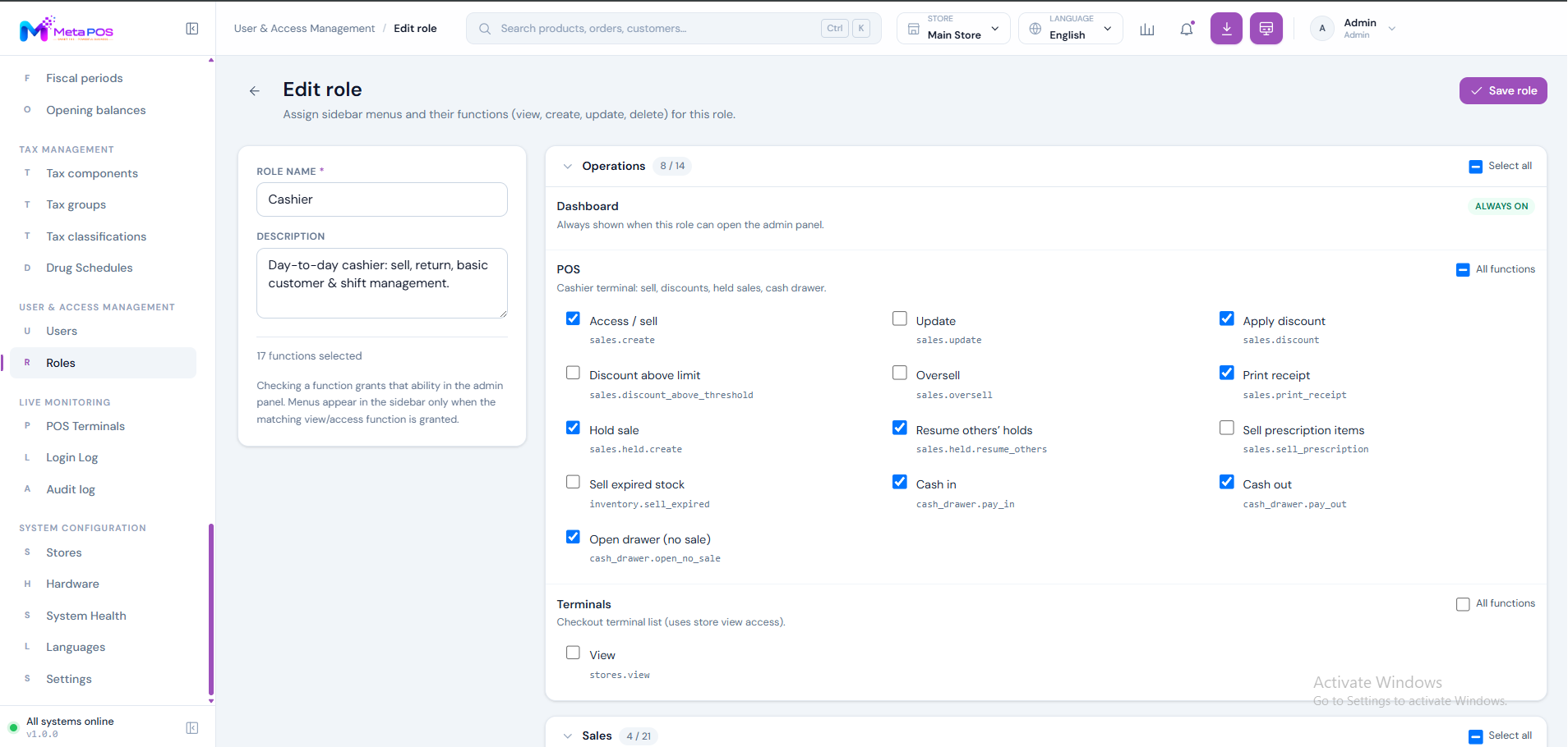 The role editor showing a grid of permissions grouped by area