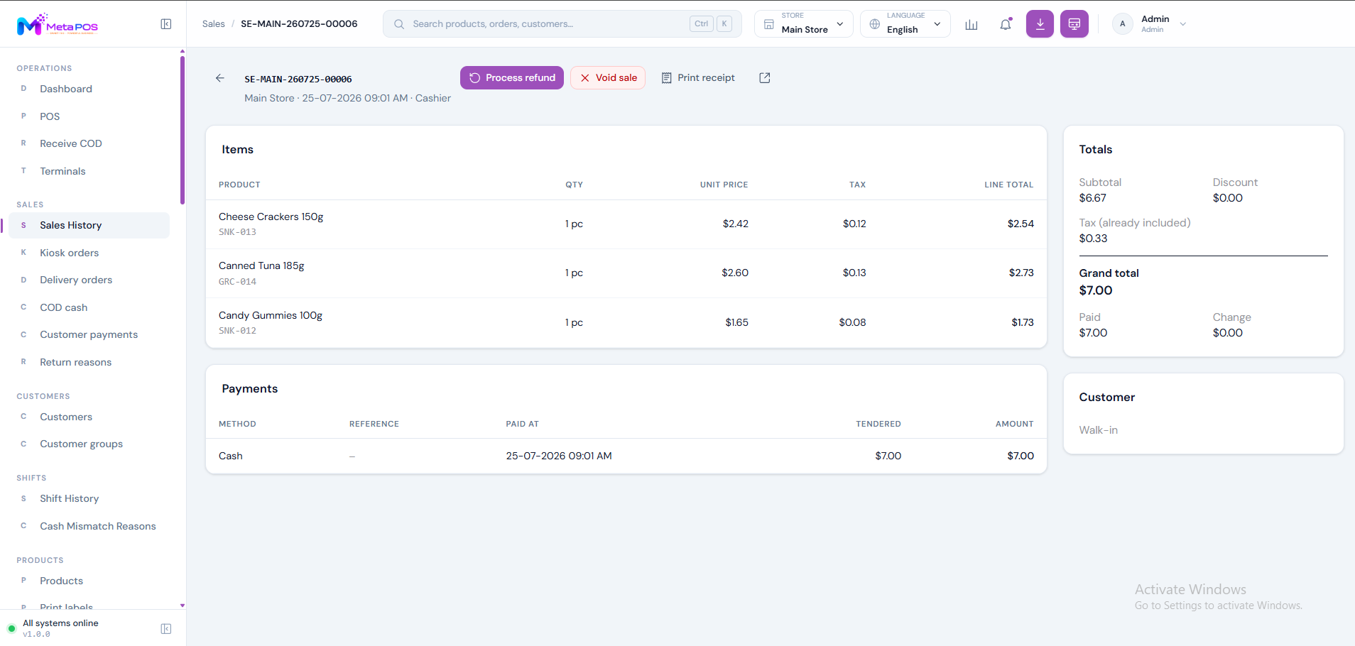 A single sale's detail page showing its line items, totals and payments, with Reprint and Void actions