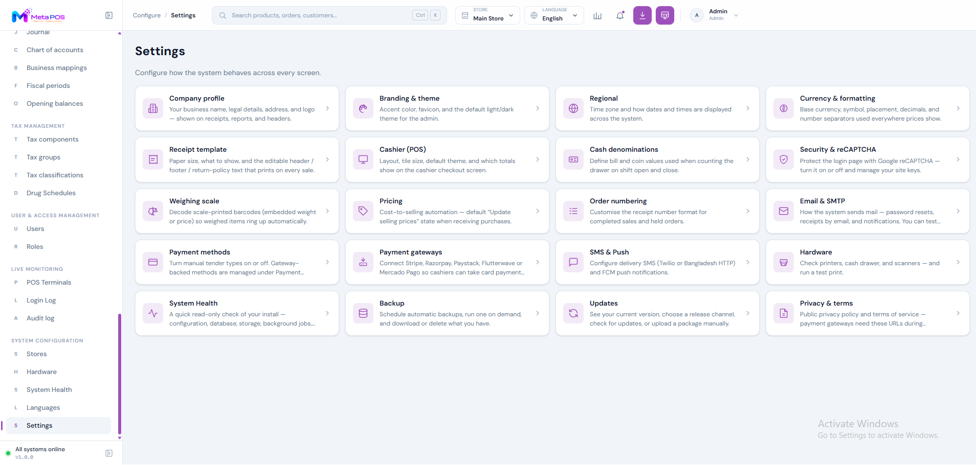 The Settings page showing a grid of setting cards