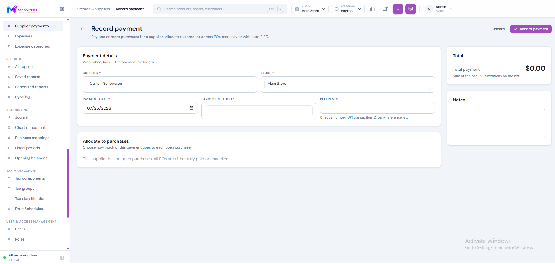 The supplier payment form with an amount and a list of unpaid purchases to allocate against