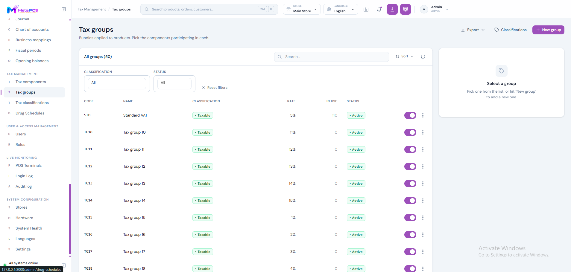 The Tax groups screen showing components bundled together
