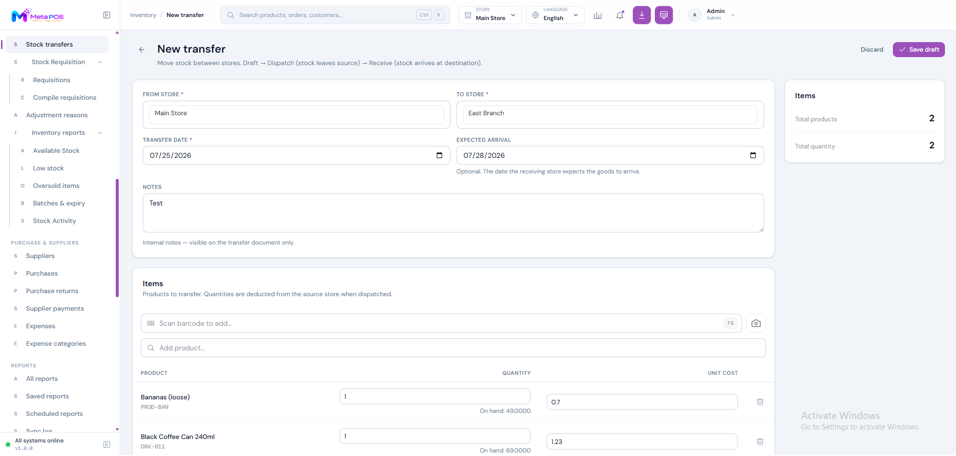 The create stock transfer screen with a destination store and product lines